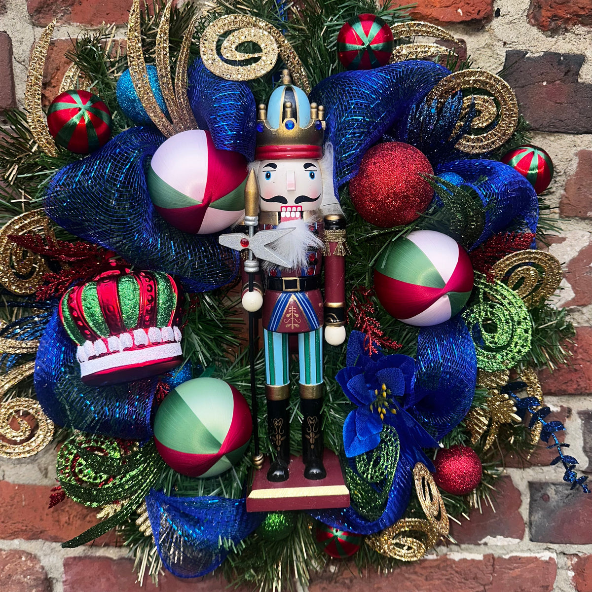 Gary the Nutcracker wreath,with Deep blue, golds, greens & reds