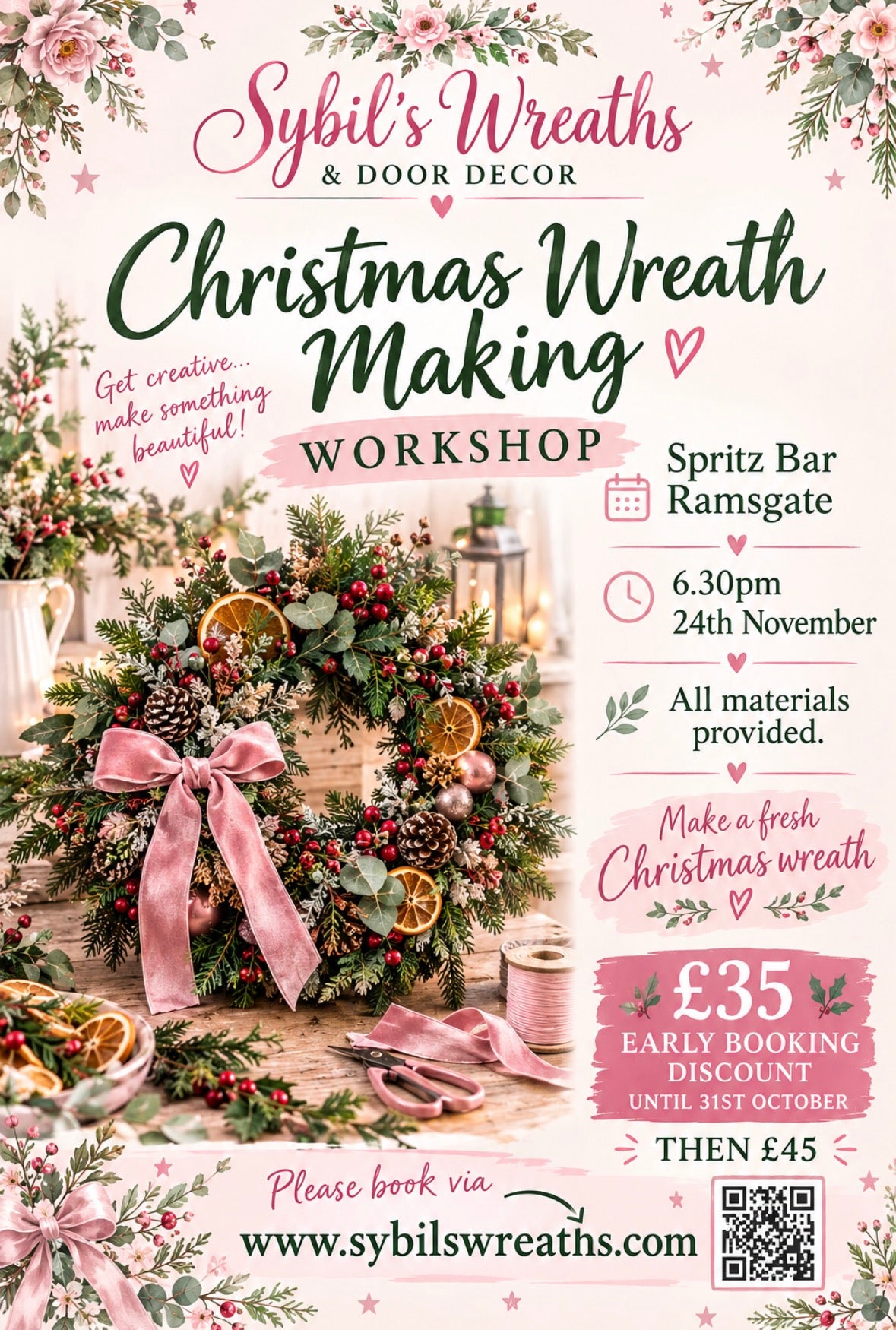 Wreath Making early bird tickets. 630pm, Spitz Bar Ramsgate 24th November