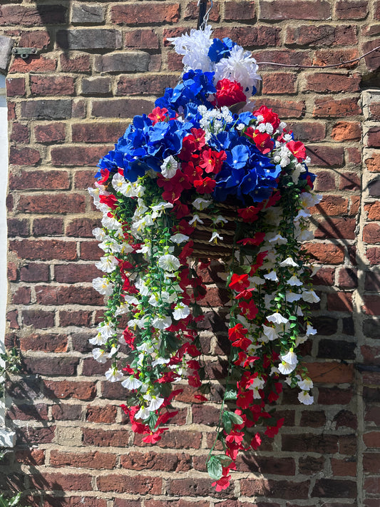 12” VE Day faux florals hanging basket