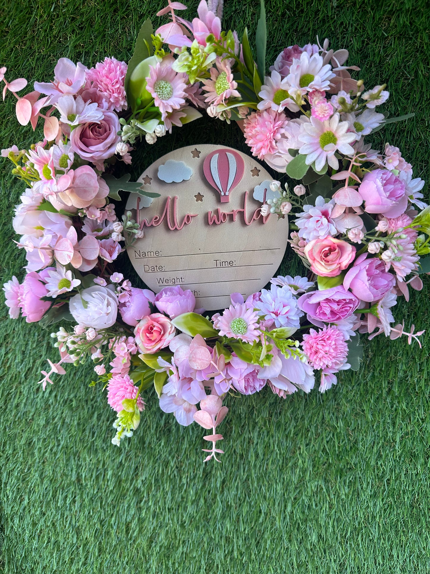 Pink “hello world” baby birth gift/announcement wreath