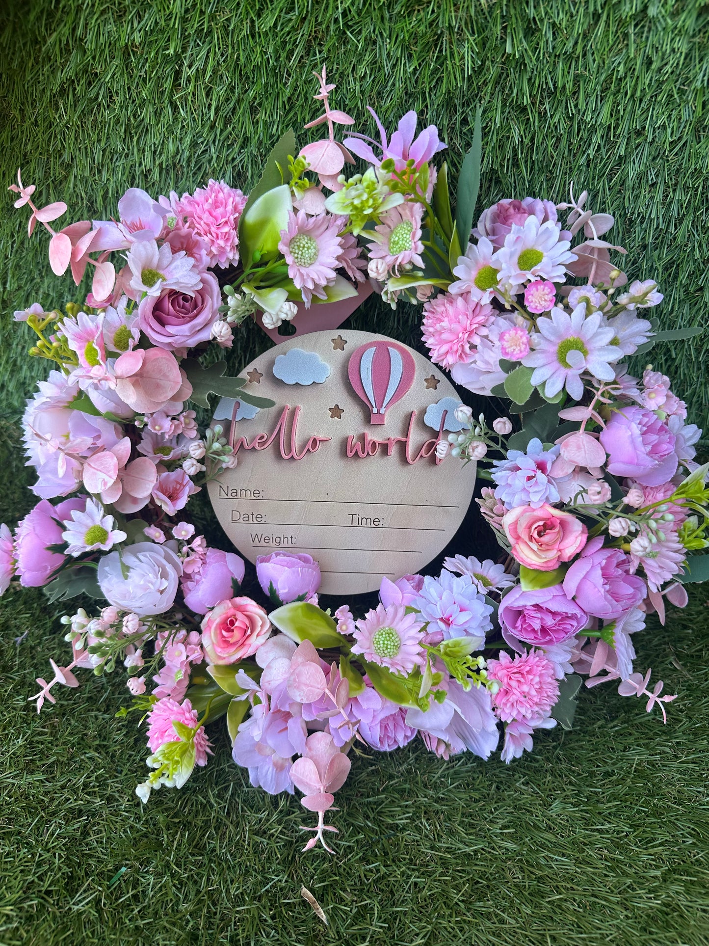 Pink “hello world” baby birth gift/announcement wreath