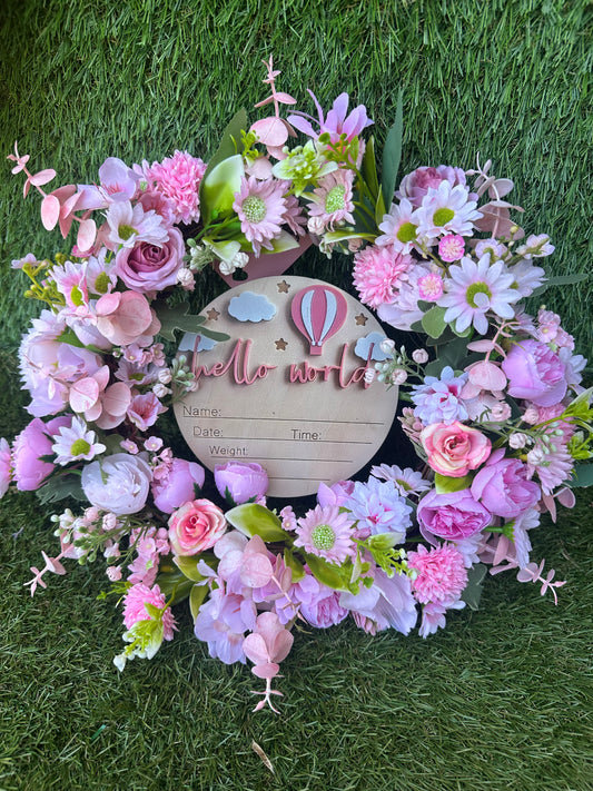 Pink “hello world” baby birth gift/announcement wreath
