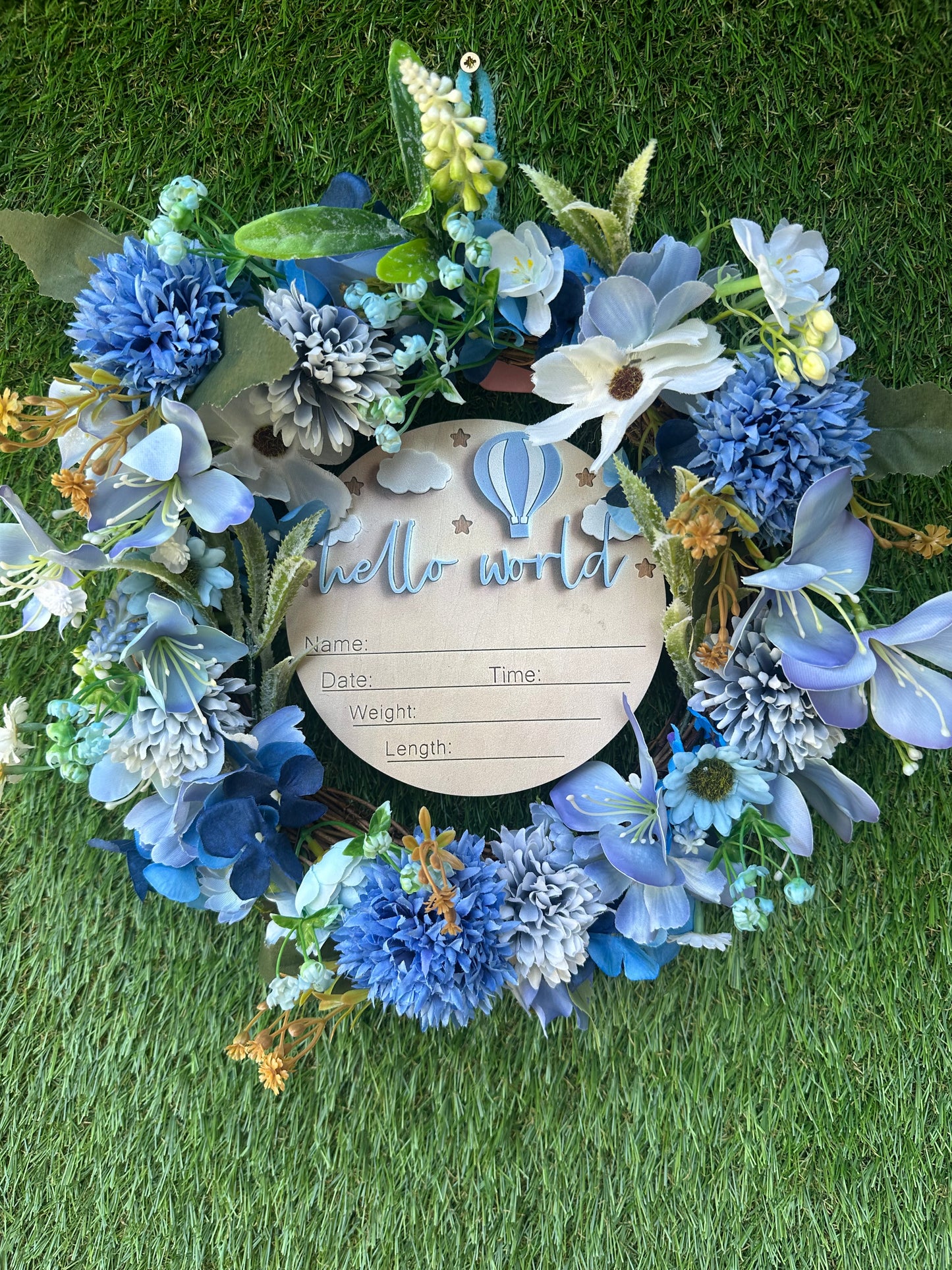 Blue “hello world”baby gift/birth announcement wreath