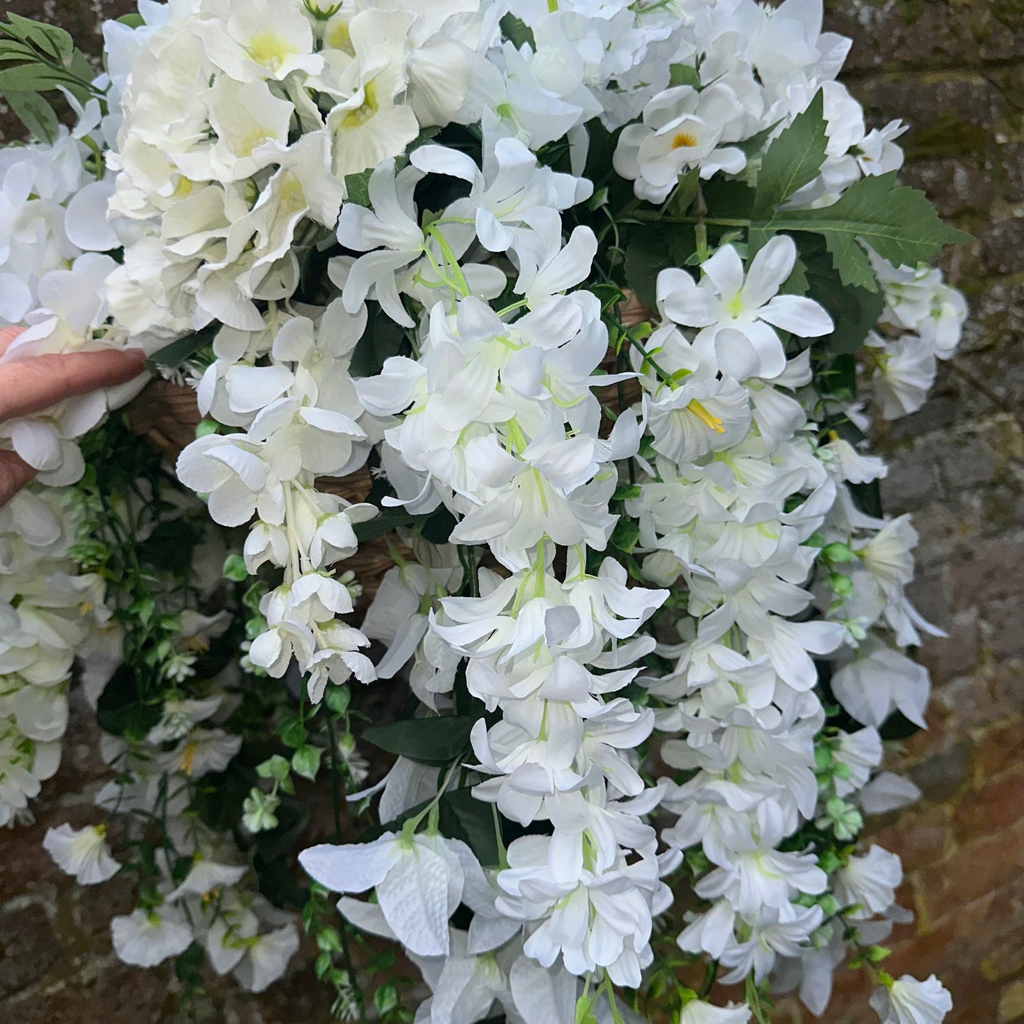 Deluxe white florals pair of hanging baskets