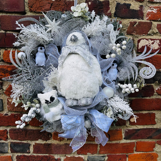 Peter the Penguin in a winter wonderland wreath