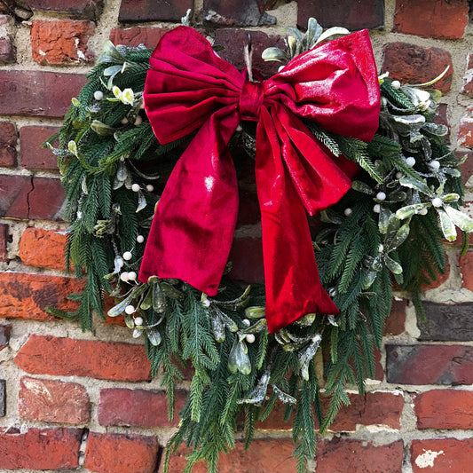 “Dana” heart shape 50cm wreath with Red & Green Luxury velvet Bows inc.