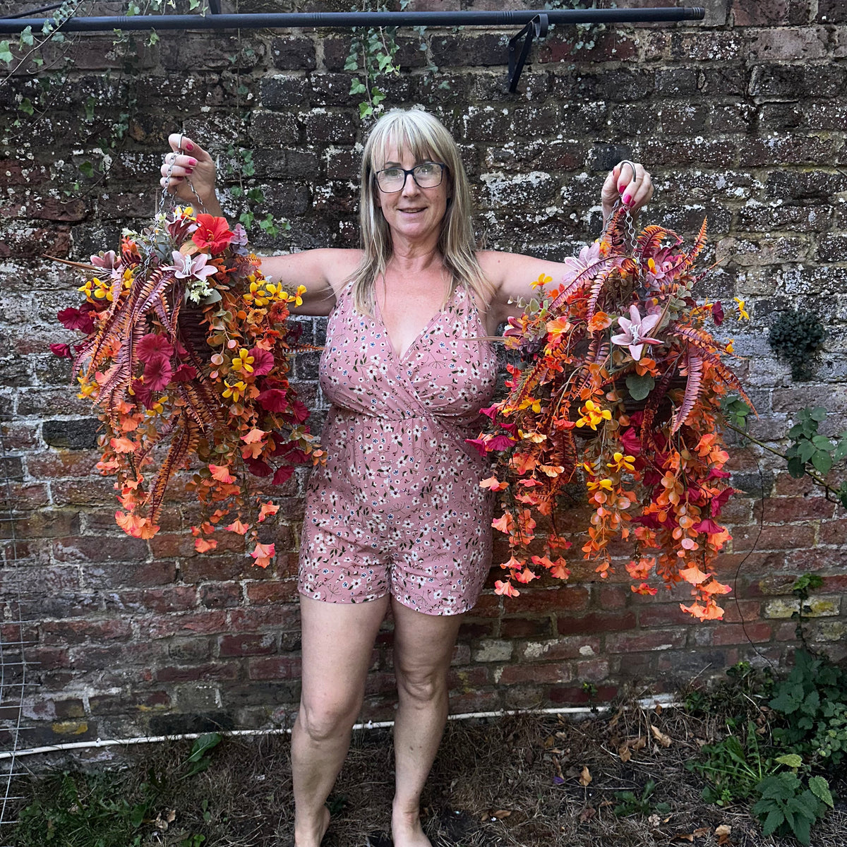 Pair of Brigitte small hanging baskets. Autumnal colours.