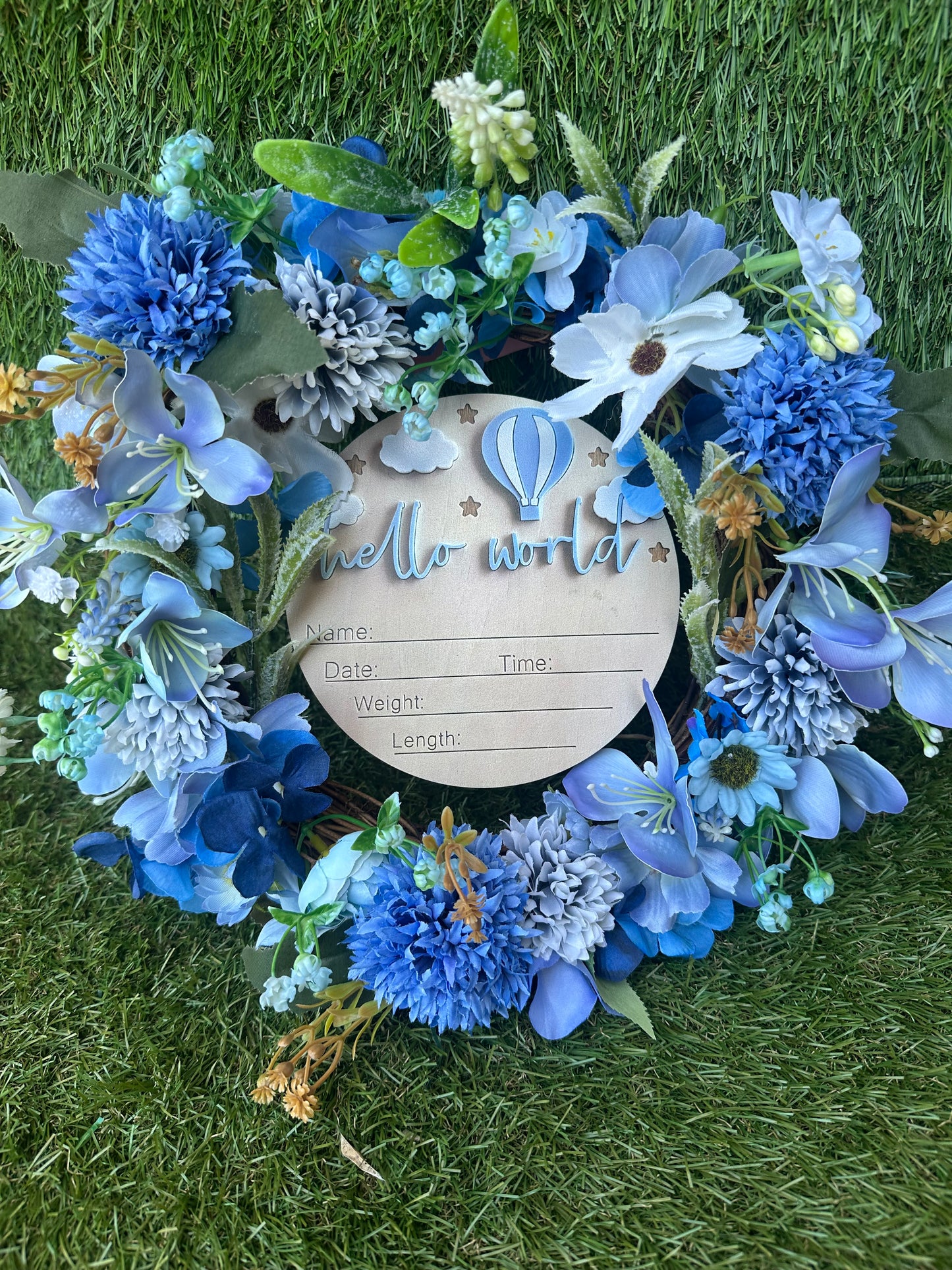 Blue “hello world”baby gift/birth announcement wreath
