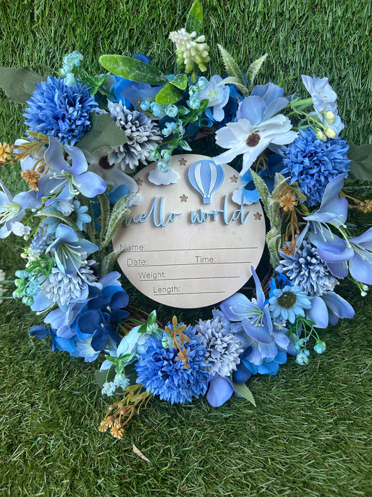 Blue “hello world”baby gift/birth announcement wreath