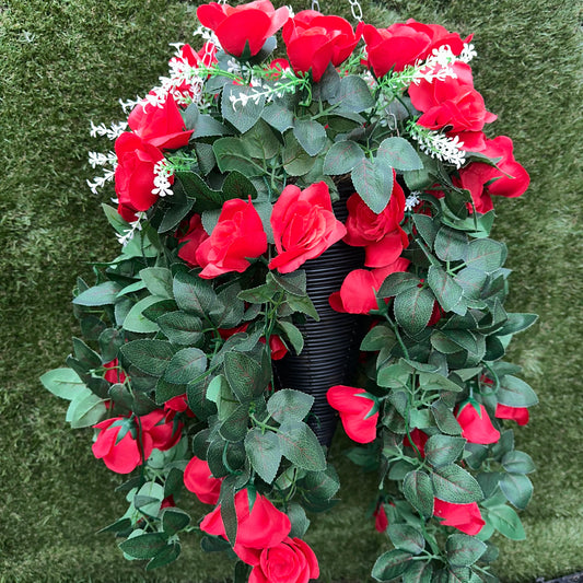 Black hanging basket with Red flowers