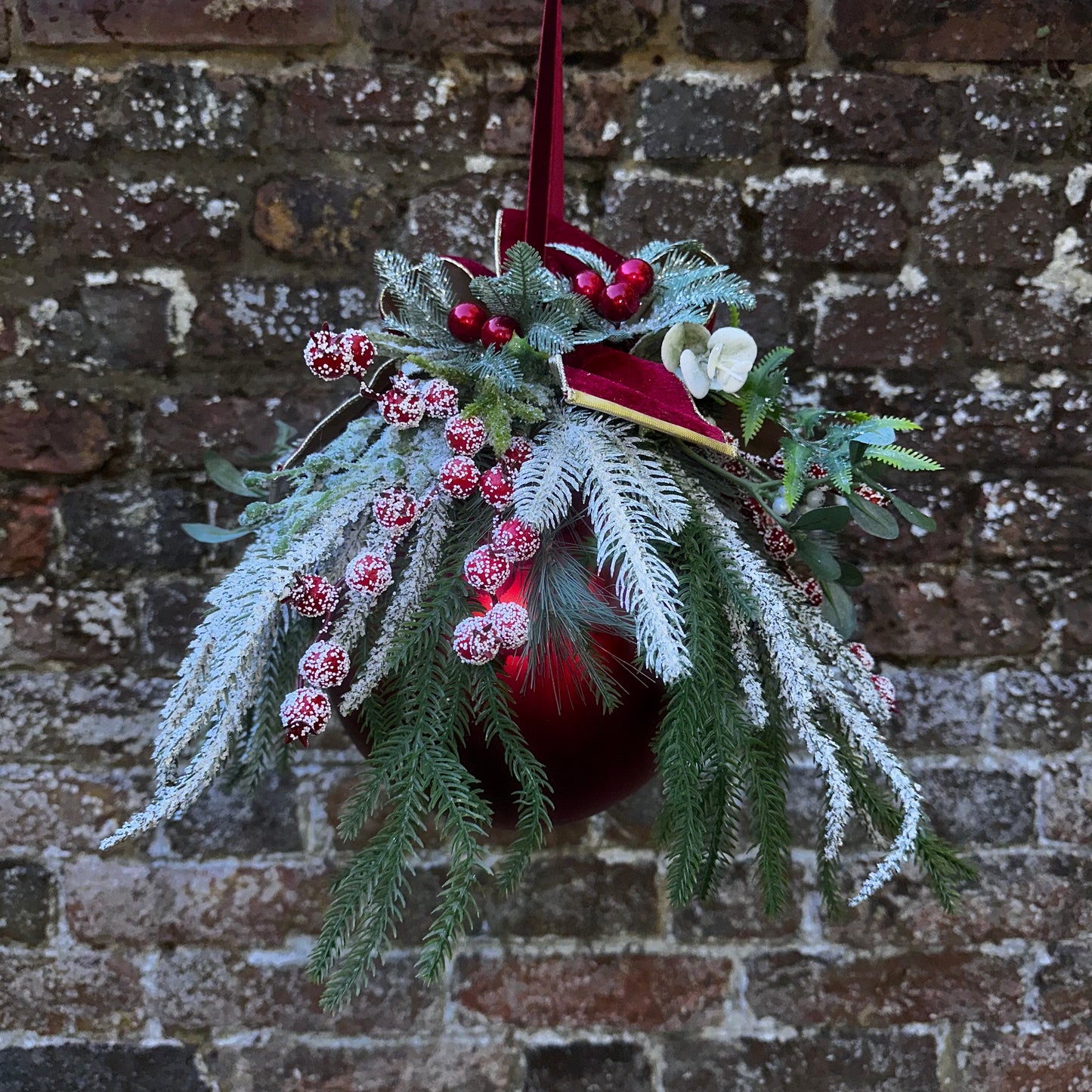 Clara decorated 20cm Bauble. Frosted Foliage,luxury velvet ribbon
