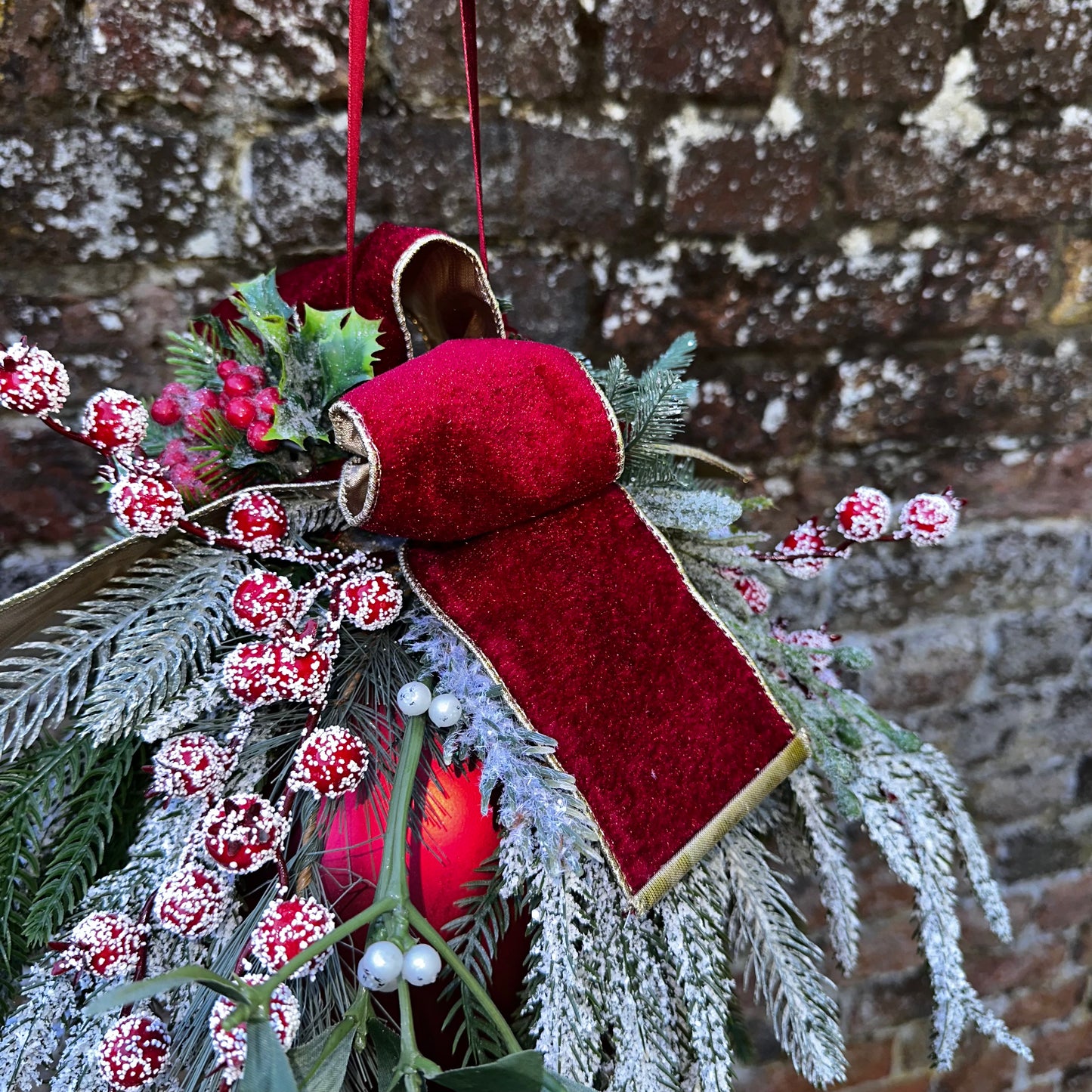 Clara decorated 20cm Bauble. Frosted Foliage,luxury velvet ribbon