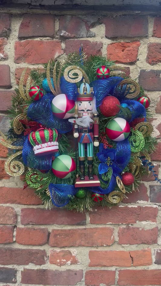 Gary the Nutcracker wreath,with Deep blue, golds, greens & reds