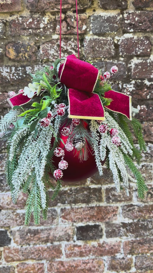 Clara decorated 20cm Bauble. Frosted Foliage,luxury velvet ribbon