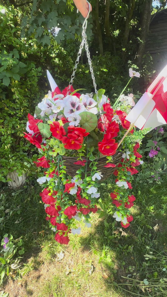 Red & white hanging basket with removable flags